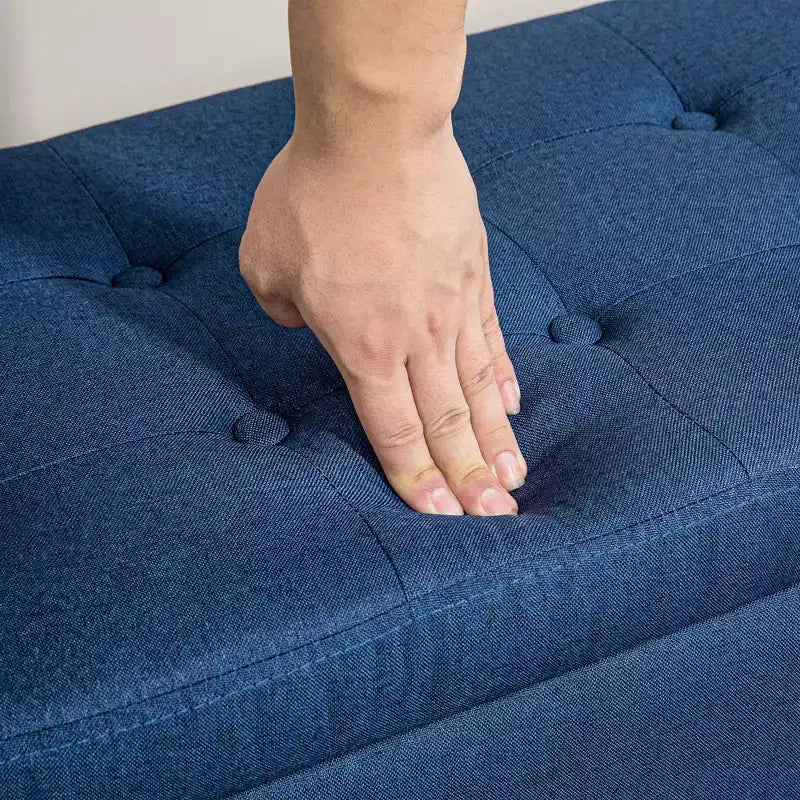 Poggiapiedi contenitore, Panca contenitore rivestita in lino con coperchio sollevabile e capitonné per soggiorno, Blu scuro