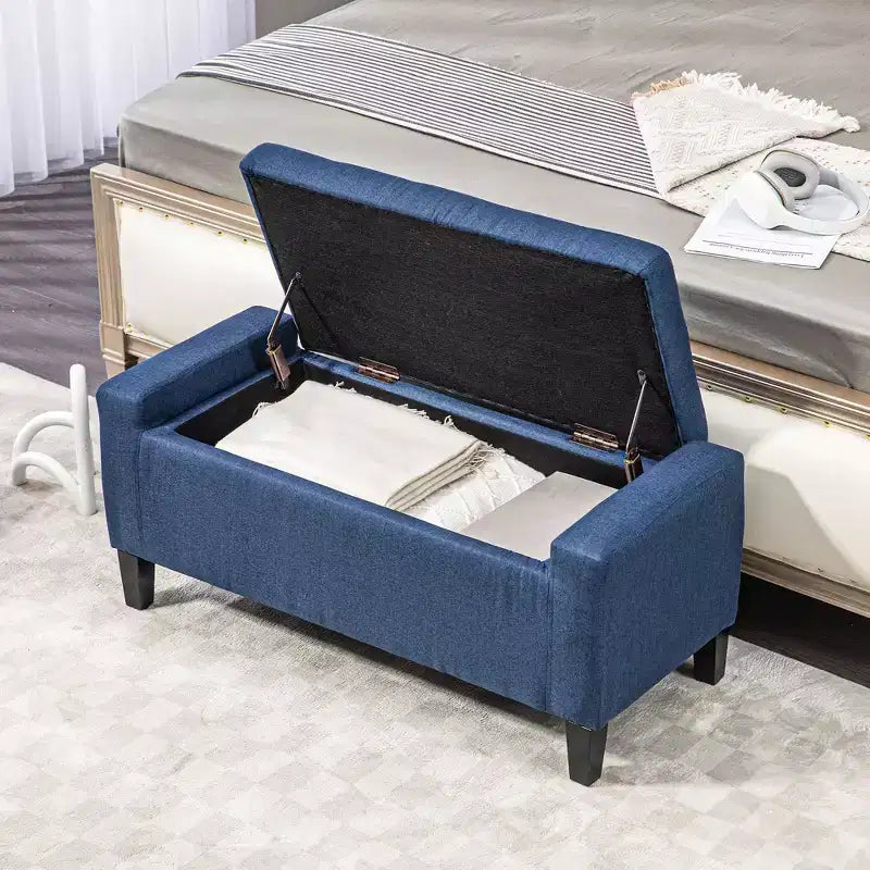 Poggiapiedi contenitore, Panca contenitore rivestita in lino con coperchio sollevabile e capitonné per soggiorno, Blu scuro