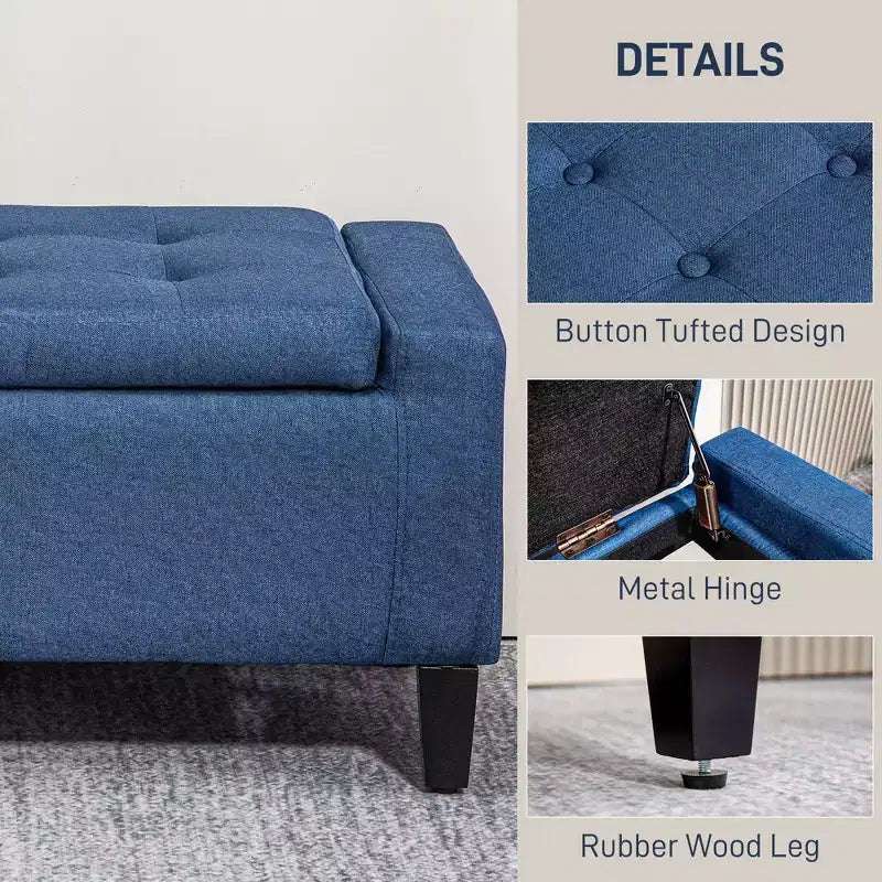Poggiapiedi contenitore, Panca contenitore rivestita in lino con coperchio sollevabile e capitonné per soggiorno, Blu scuro