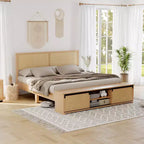 Natural Rattan Bed Frame for an approx. 193 × 203 cm mattress with Sliding Barn Door Storage Cabinets and LED Light Headboard, Boho Wood Platform Bed, No Box Spring Needed
