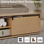 Letto a Piattaforma King Size in Rattan Naturale con Armadietti Scorrevole con Ante a Fienile e Testiera con Luci LED, Letto in Legno in Stile Bohémien, Nessuna Rete a Molle Necessaria