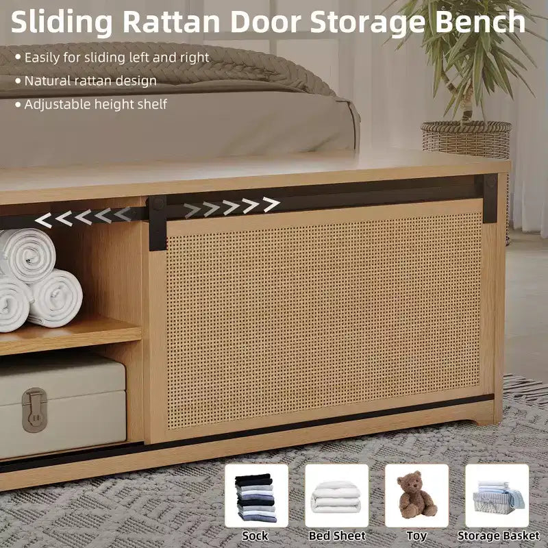 Natural Rattan King Size Bed Frame with Sliding Barn Door Storage Cabinets and LED Light Headboard, Boho Wood Platform Bed, No Box Spring Needed