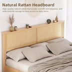 Letto a Piattaforma King Size in Rattan Naturale con Armadietti Scorrevole con Ante a Fienile e Testiera con Luci LED, Letto in Legno in Stile Bohémien, Nessuna Rete a Molle Necessaria