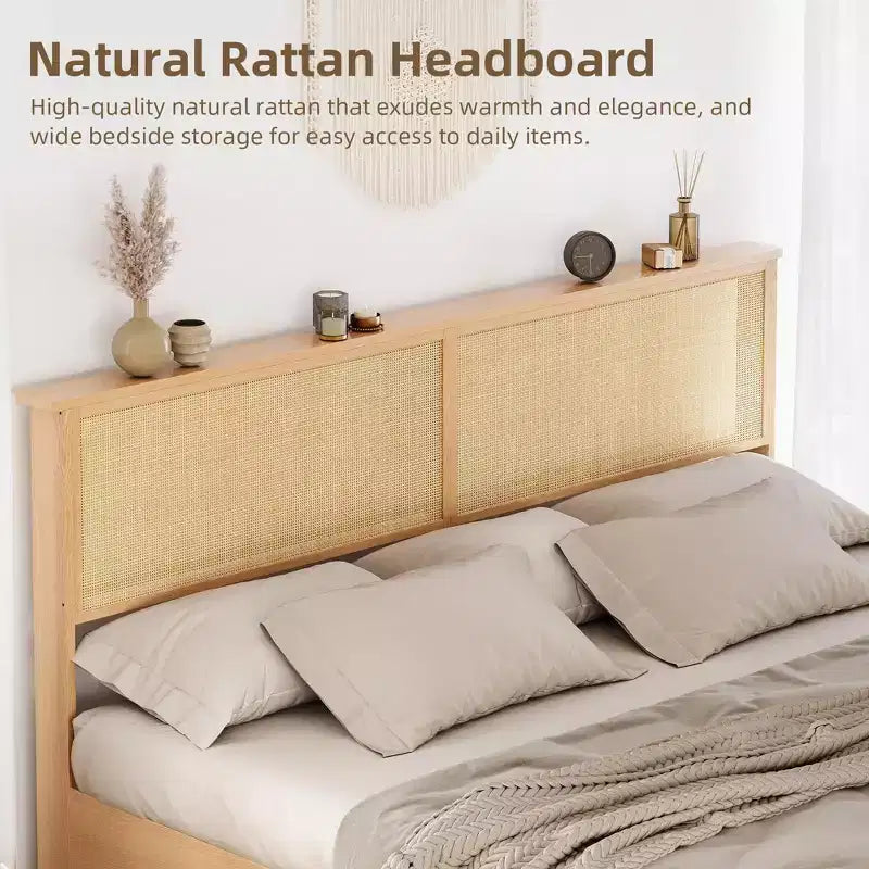 Natural Rattan King Size Bed Frame with Sliding Barn Door Storage Cabinets and LED Light Headboard, Boho Wood Platform Bed, No Box Spring Needed