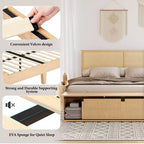 Letto a Piattaforma King Size in Rattan Naturale con Armadietti Scorrevole con Ante a Fienile e Testiera con Luci LED, Letto in Legno in Stile Bohémien, Nessuna Rete a Molle Necessaria