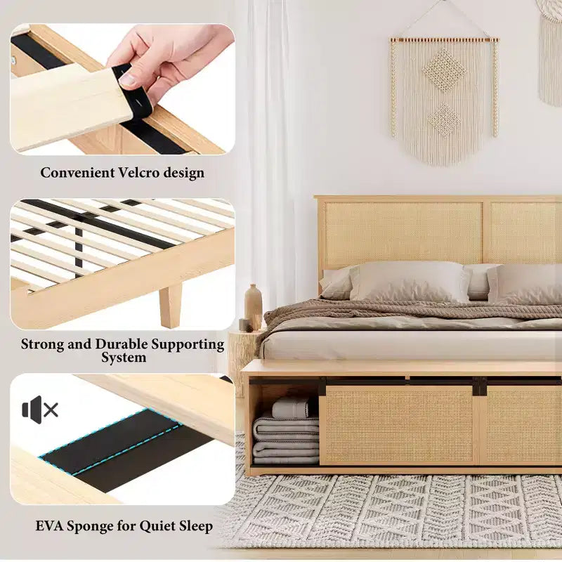 Natural Rattan King Size Bed Frame with Sliding Barn Door Storage Cabinets and LED Light Headboard, Boho Wood Platform Bed, No Box Spring Needed