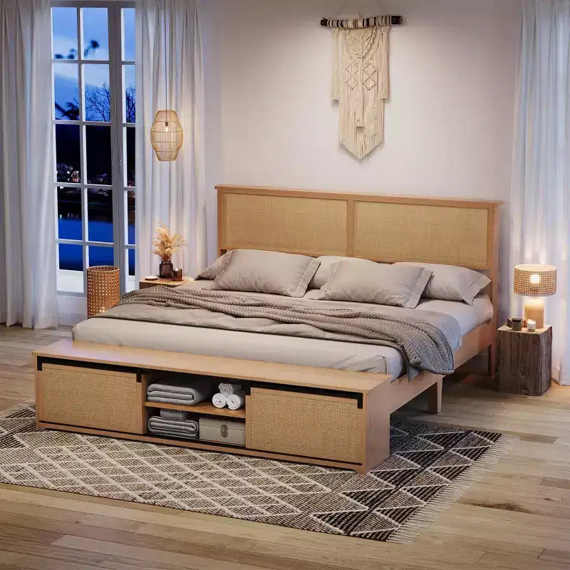 Letto a Piattaforma King Size in Rattan Naturale con Armadietti Scorrevole con Ante a Fienile e Testiera con Luci LED, Letto in Legno in Stile Bohémien, Nessuna Rete a Molle Necessaria