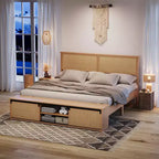 Letto a Piattaforma King Size in Rattan Naturale con Armadietti Scorrevole con Ante a Fienile e Testiera con Luci LED, Letto in Legno in Stile Bohémien, Nessuna Rete a Molle Necessaria