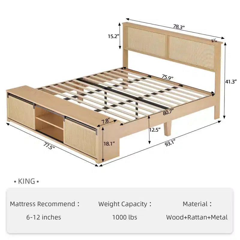 Letto a Piattaforma King Size in Rattan Naturale con Armadietti Scorrevole con Ante a Fienile e Testiera con Luci LED, Letto in Legno in Stile Bohémien, Nessuna Rete a Molle Necessaria