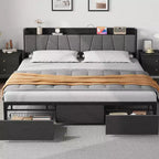 Bed Frame for an approx. 193 × 203 cm mattress with Storage Headboard, Industrial Platform Bed for an approx. 193 × 203 cm mattress with 2 Large Drawers, No Box Spring Needed, Noise Free, Black