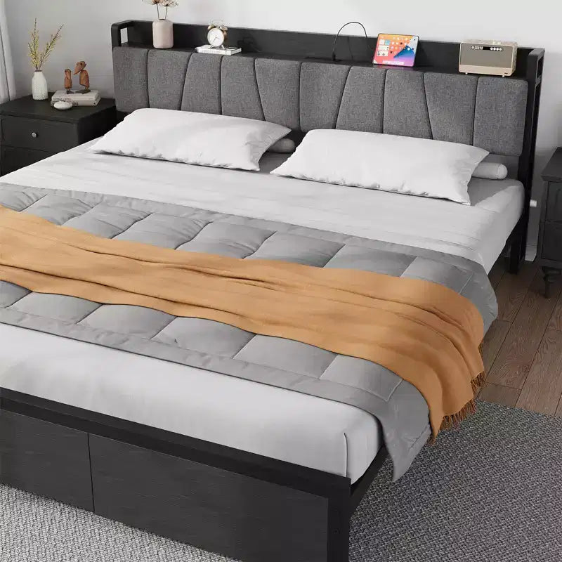 King Size Bed Frame with Storage Headboard, Industrial King Platform Bed with 2 Large Drawers, No Box Spring Needed, Noise Free, Black