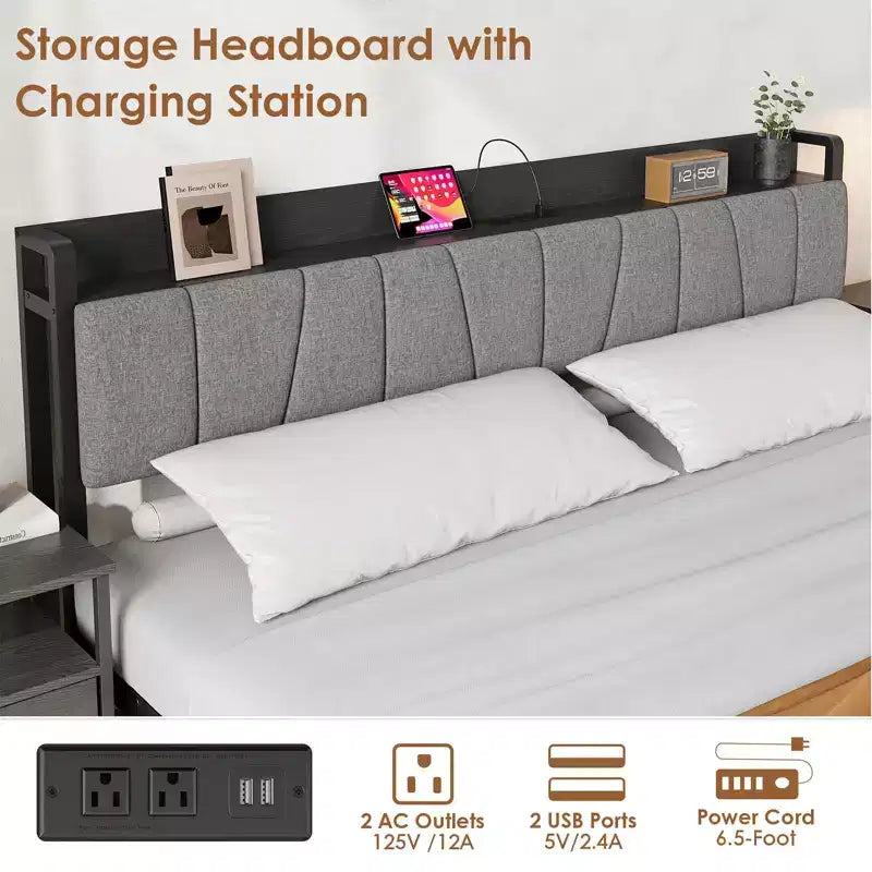 King Size Bed Frame with Storage Headboard, Industrial King Platform Bed with 2 Large Drawers, No Box Spring Needed, Noise Free, Black