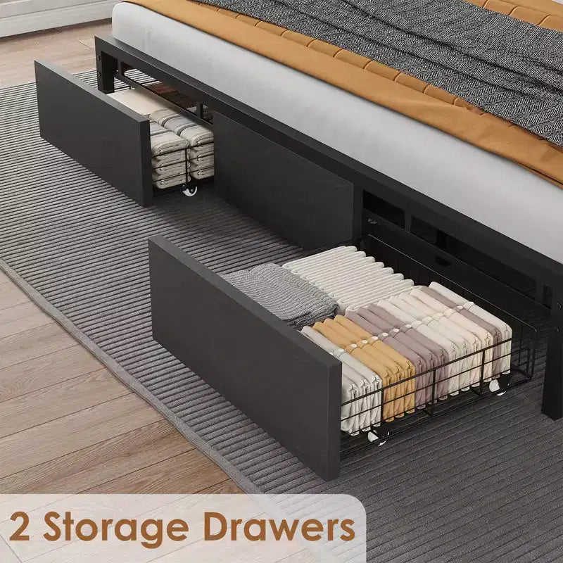 King Size Bed Frame with Storage Headboard, Industrial King Platform Bed with 2 Large Drawers, No Box Spring Needed, Noise Free, Black