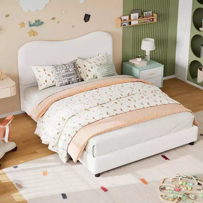 Bed Frame for Kids with Velvet Upholstered Headboard, No Box Spring Needed, White