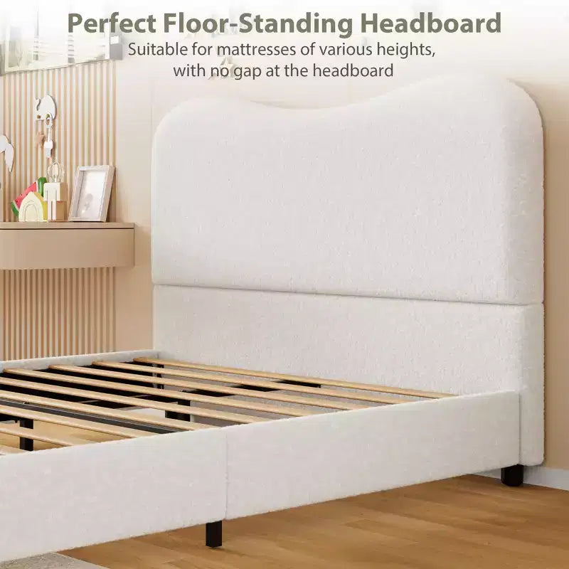Bed Frame for Kids with Velvet Upholstered Headboard, No Box Spring Needed, White
