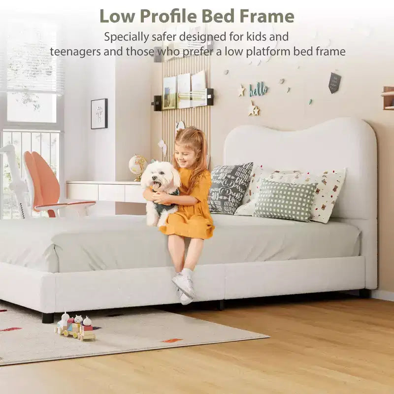 Bed Frame for Kids with Velvet Upholstered Headboard, No Box Spring Needed, White