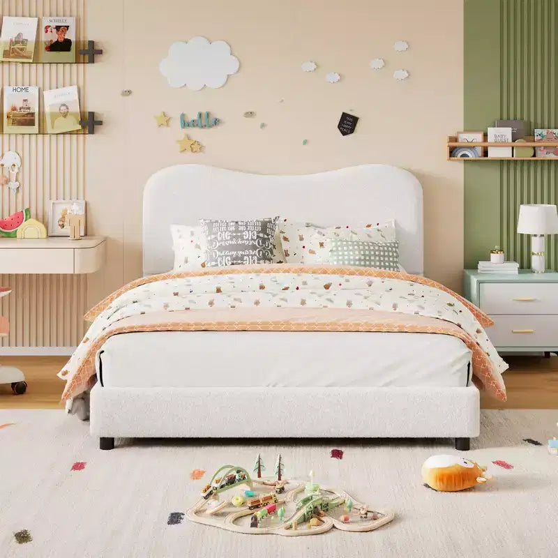 Struttura letto per bambini con testiera imbottita in velluto, non necessita di rete a molle, bianco