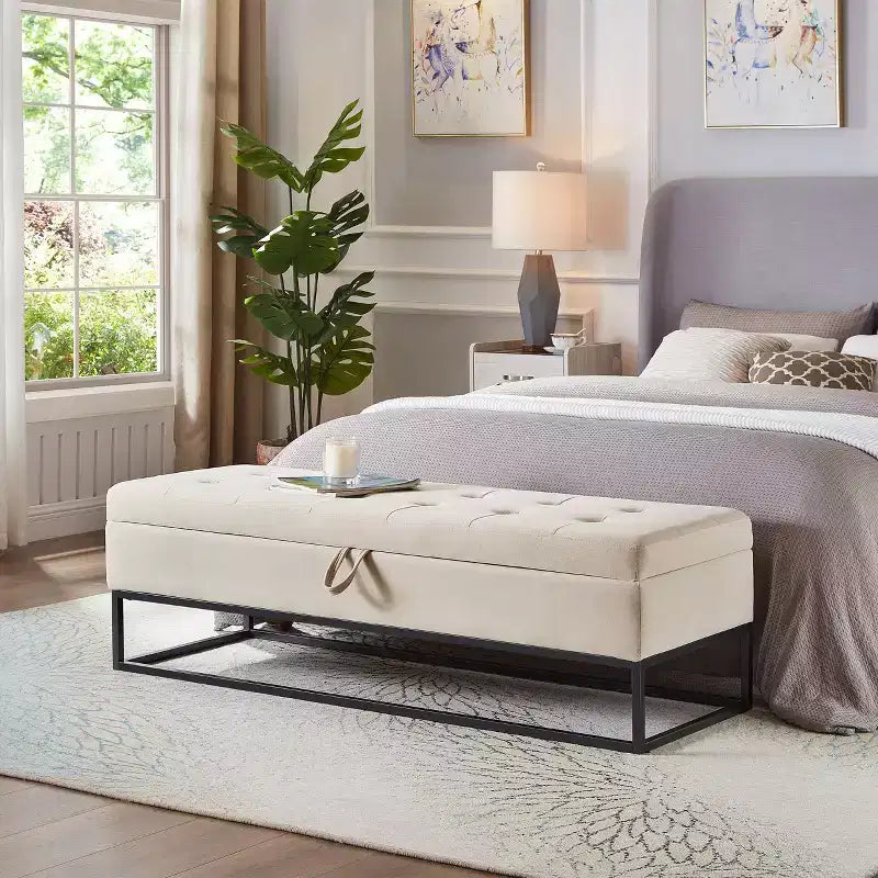 TUYOHW Metal Base with Storage Velvet Bench, Bed Bench for Living Room, Beige