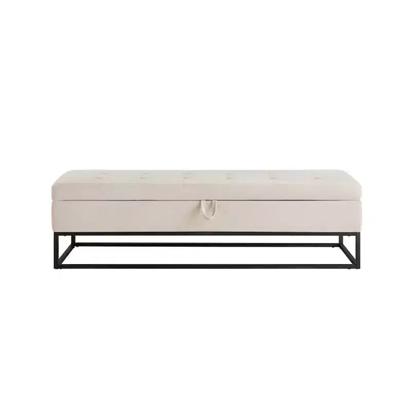 Panca in velluto con base in metallo e contenitore, panca da letto per soggiorno, beige