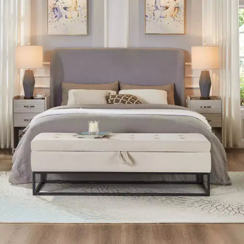 Panca in velluto con base in metallo e contenitore, panca da letto per soggiorno, beige