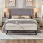 Panca in velluto con base in metallo e contenitore, panca da letto per soggiorno, beige