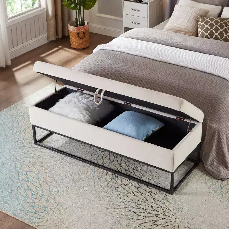 Panca in velluto con base in metallo e contenitore, panca da letto per soggiorno, beige