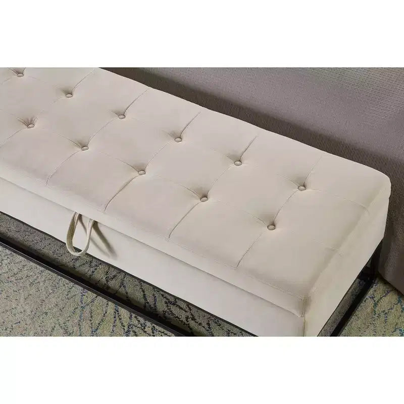 Panca in velluto con base in metallo e contenitore, panca da letto per soggiorno, beige