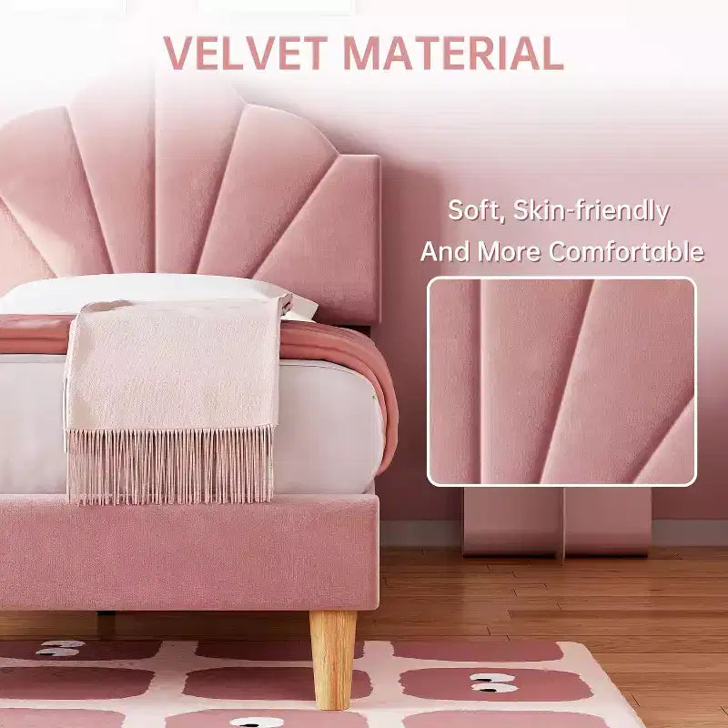 Letto a piattaforma singolo in velluto con testiera regolabile - Supporto a doghe in legno, nessun box spring necessario, rosa chiaro