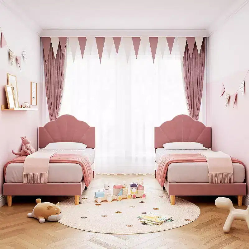Letto a piattaforma singolo in velluto con testiera regolabile - Supporto a doghe in legno, nessun box spring necessario, rosa chiaro