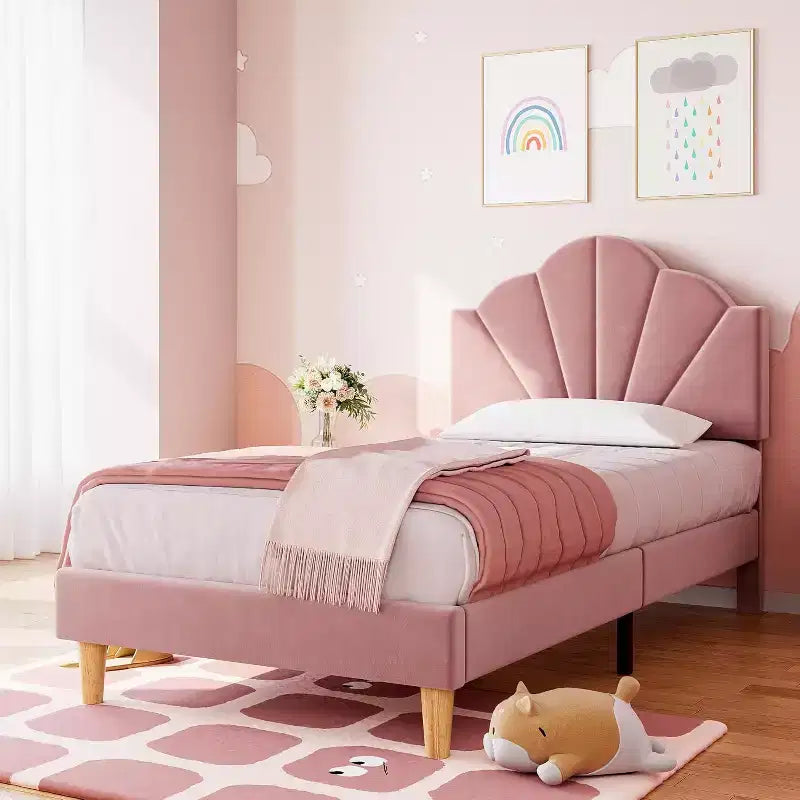 Twin Velvet Platform Bed with Adjustable Headboard - Wood Slat Support, No Box Spring Needed, Light Pink