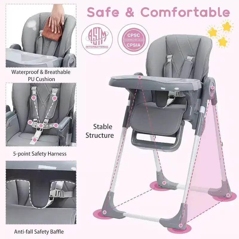Baby High Chair, Adjustable Infant Highchairs with Removable Tray for Easy Cleaning, Foldable High Chairs for Babies & Toddlers