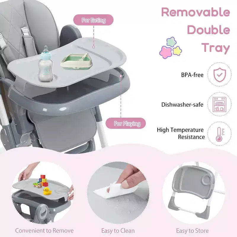 Baby High Chair, Adjustable Infant Highchairs with Removable Tray for Easy Cleaning, Foldable High Chairs for Babies & Toddlers
