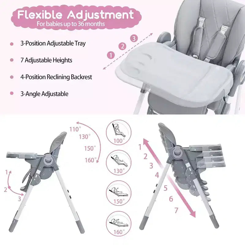 Baby High Chair, Adjustable Infant Highchairs with Removable Tray for Easy Cleaning, Foldable High Chairs for Babies & Toddlers