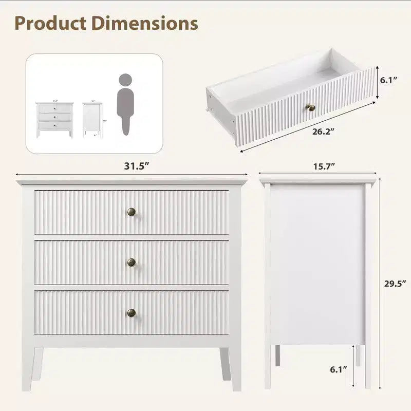 Black Fluted 3 Drawer Dresser,Modern with Vertical Texture Wood Dresser for Bedroom, Living Room, Entryway