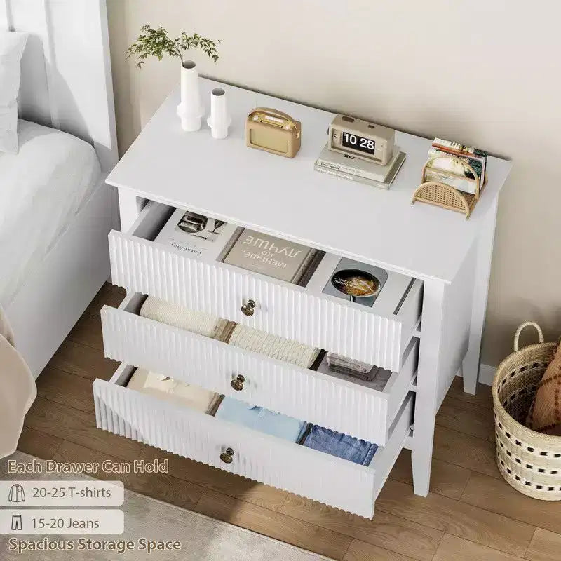 Black Fluted 3 Drawer Dresser,Modern with Vertical Texture Wood Dresser for Bedroom, Living Room, Entryway