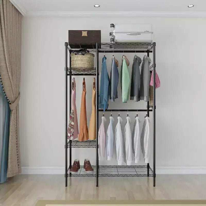 Black Iron Open Wardrobe with 2 Rows of Rails & 4-Layer Shelves 44.9x16.5x70.9 Inches