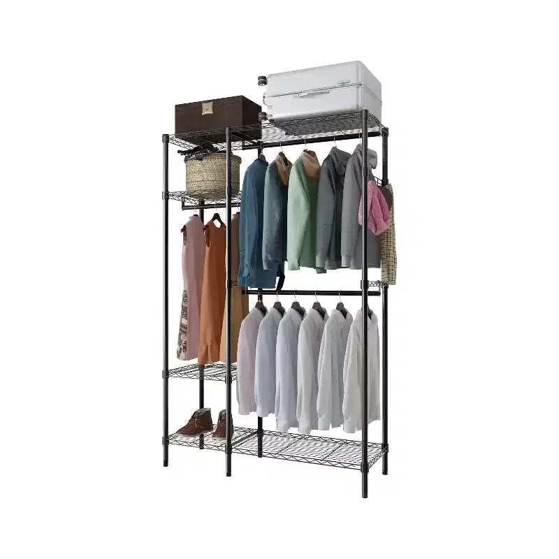 Black Iron Open Wardrobe with 2 Rows of Rails & 4-Layer Shelves 44.9x16.5x70.9 Inches