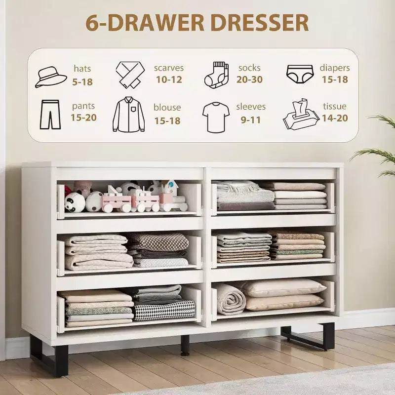 Comò a 6 cassetti per camera da letto, Comò largo 120 cm, Cassettiera verticale indipendente con ripiani, Armadio contenitore in legno per soggiorno, corridoio