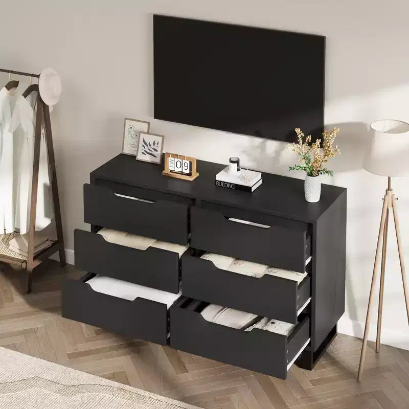 Comò a 6 cassetti per camera da letto, Comò largo 120 cm, Cassettiera verticale indipendente con ripiani, Armadio contenitore in legno per soggiorno, corridoio