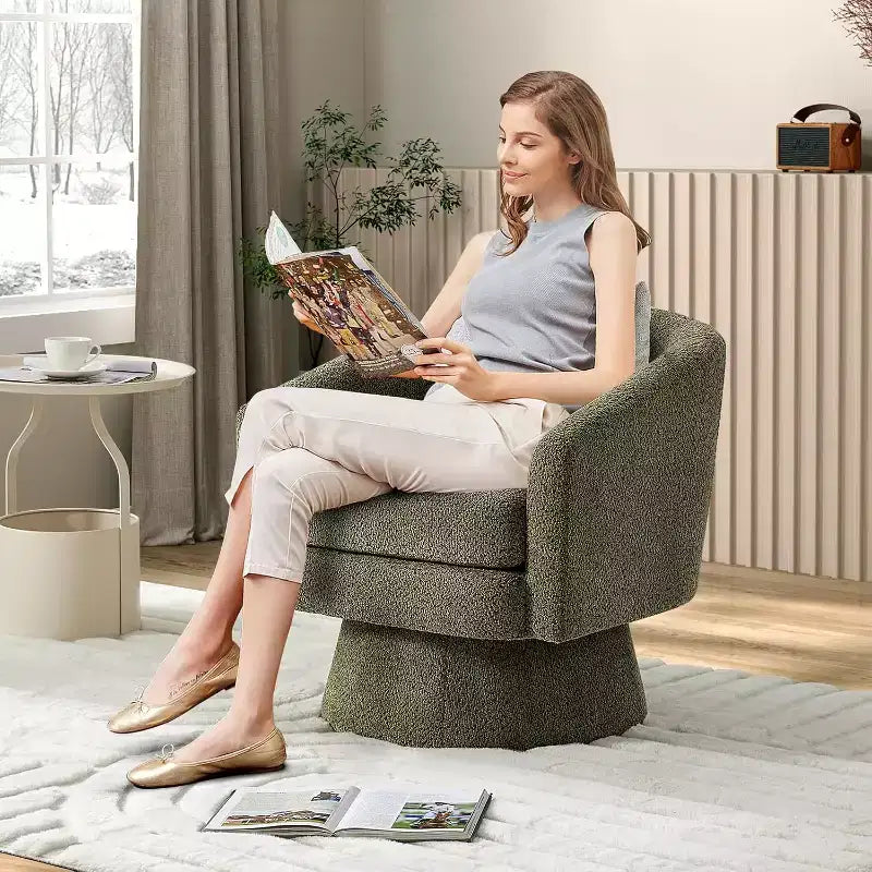 360 Swivel Barrel Chair with Lumbar Support, Modern Accent Armchair with Chenille Upholstery for Living Room, Bedroom, and Office