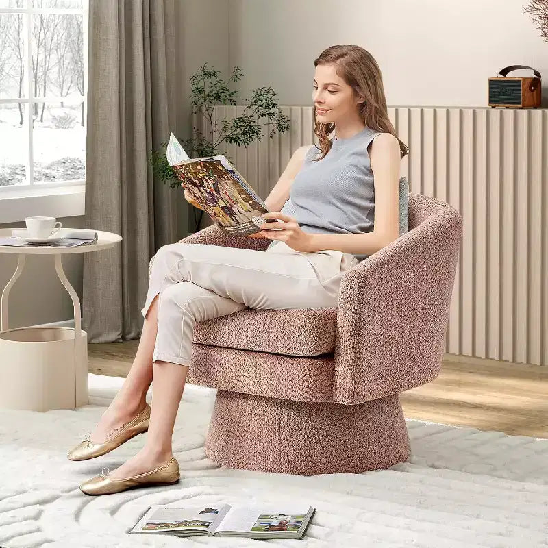 360 Swivel Barrel Chair with Lumbar Support, Modern Accent Armchair with Chenille Upholstery for Living Room, Bedroom, and Office