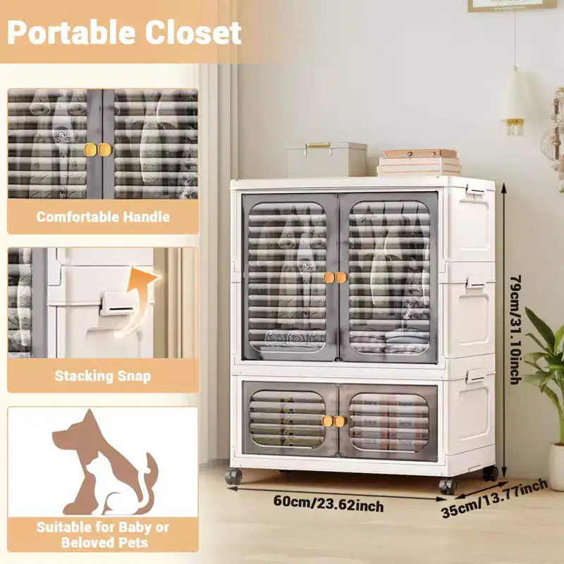 Wardrobe Closet, Stackable Storage Cabinet, Clothes Cabinet with Doors, Wheels and Hanging Rods for Home Living Room