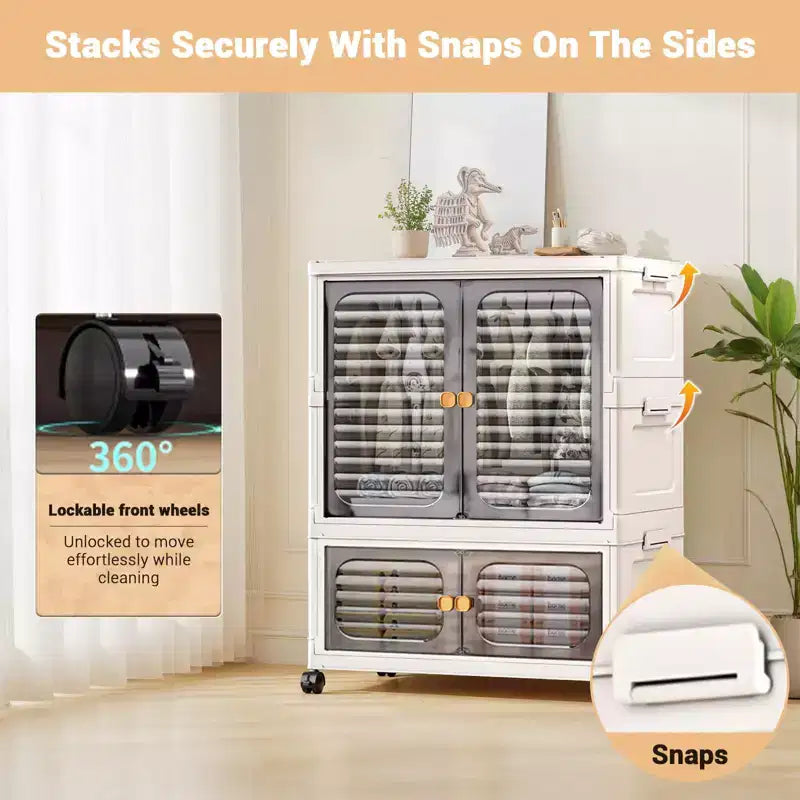 Wardrobe Closet, Stackable Storage Cabinet, Clothes Cabinet with Doors, Wheels and Hanging Rods for Home Living Room