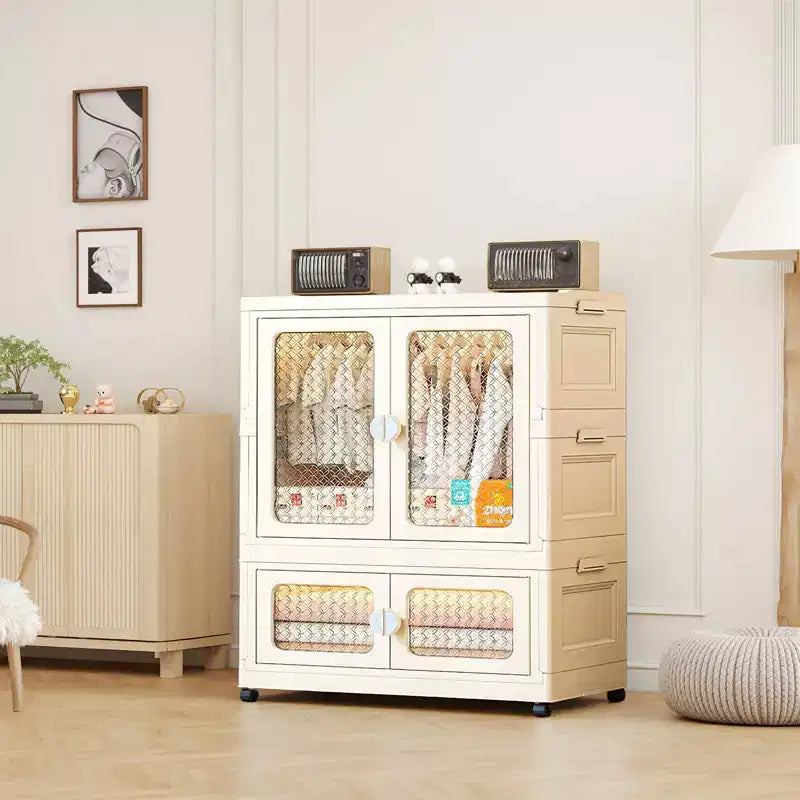 Wardrobe Closet, Stackable Storage Cabinet, Clothes Cabinet with Doors, Wheels and Hanging Rods for Home Living Room