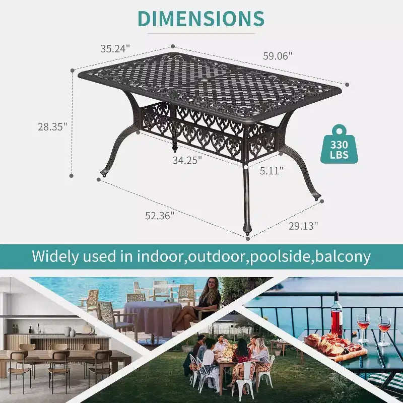 Tavolo da pranzo da esterno in alluminio pressofuso da 59 pollici, tavolo da patio da esterno per 6 persone, tavolo da pranzo da patio con 2 fori per ombrellone e piedini regolabili per giardino, cortile