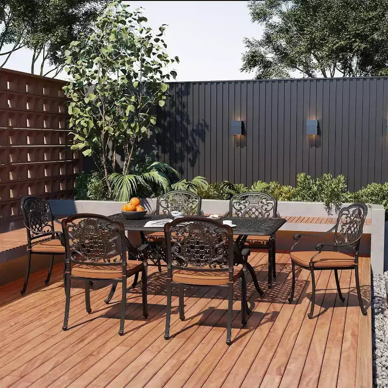 59''Cast Aluminum Outdoor Dining Table Outdoor Patio Table for 6 Patio Dining Table with 2Umbrella Hole & Adjustable Foot Pads for Garden,Backyard