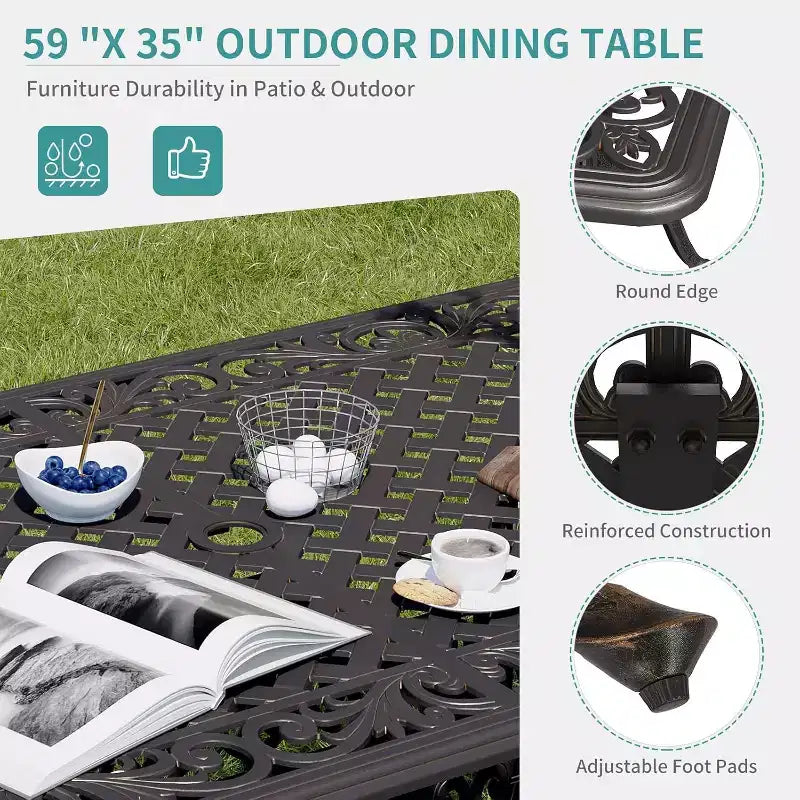 59''Cast Aluminum Outdoor Dining Table Outdoor Patio Table for 6 Patio Dining Table with 2Umbrella Hole & Adjustable Foot Pads for Garden,Backyard