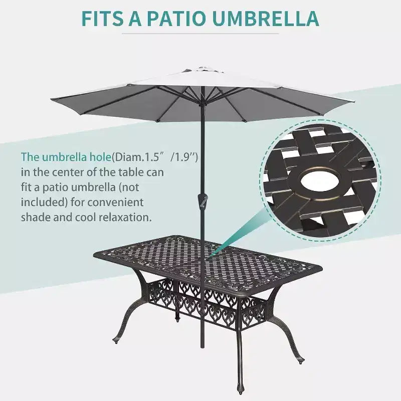 Tavolo da pranzo da esterno in alluminio pressofuso da 59 pollici, tavolo da patio da esterno per 6 persone, tavolo da pranzo da patio con 2 fori per ombrellone e piedini regolabili per giardino, cortile