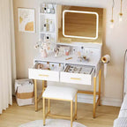 Vanity Desk with Mirror, 3 Lighting Modes, 4 Drawers, Side Shelves, Power Outlets, White Gold, 53 Wide