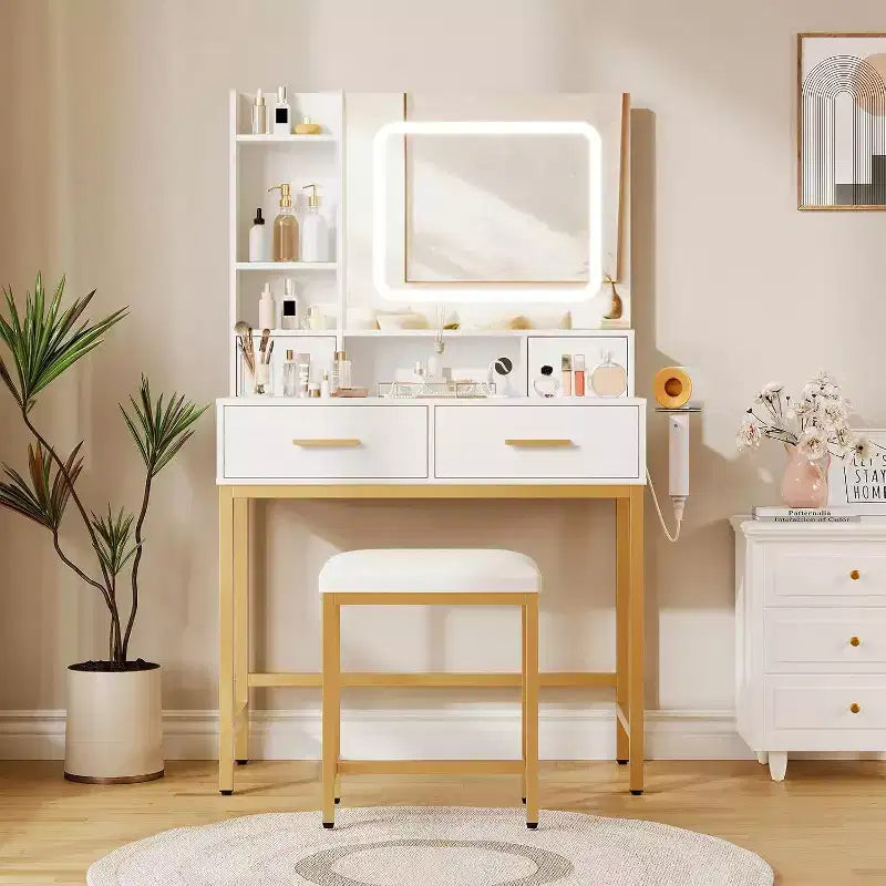 Toeletta con Specchio, 3 Modalità di Illuminazione, 4 Cassetti, Ripiani Laterali, Prese di Corrente, Bianco Oro, 134 cm di Larghezza